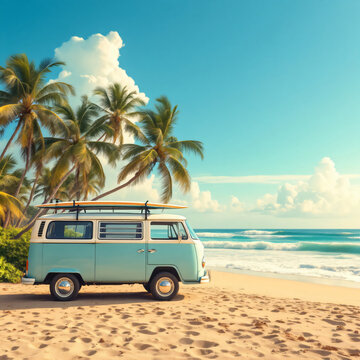 Vintage van on tropical beach with palm trees. Summer vacation and travel concept. Retro surfing trip to paradise. Ocean view and sandy shore landscape
