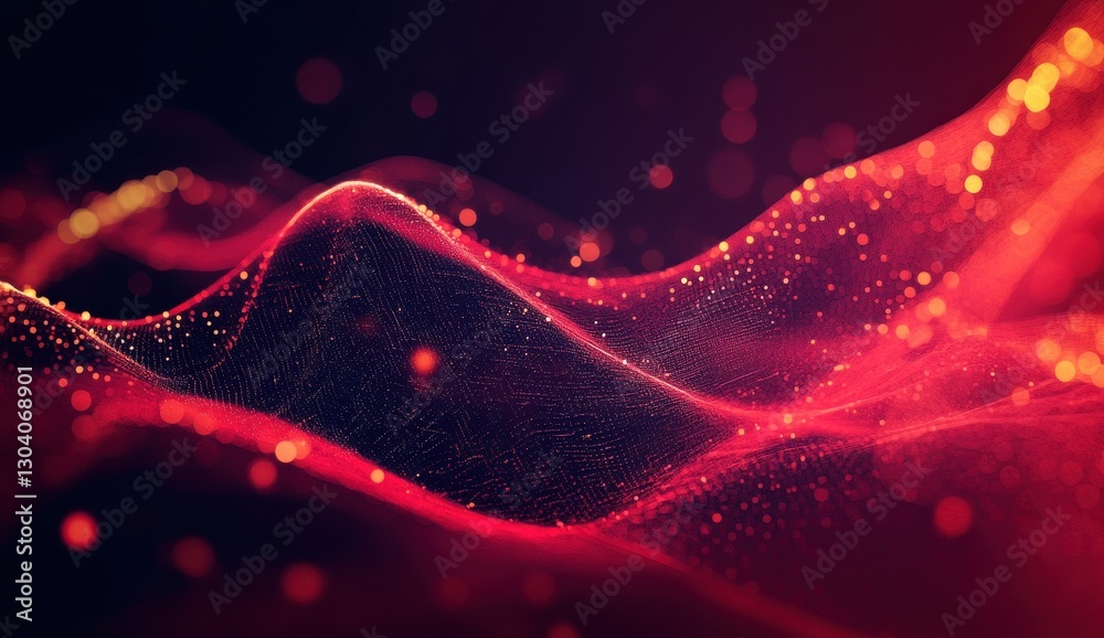 Poster abstract red and orange wavy patterns with glittering particles creating a digital landscape in a be