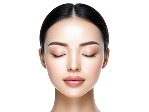 Serene woman with closed eyes, a timeless portrait against dark background