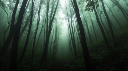 Obraz premium forest view inside a dark fog. mystical forest