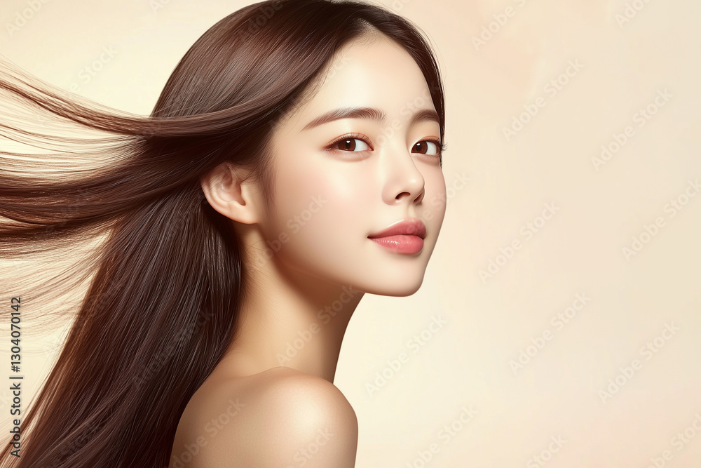 Poster 笑顔のかわいいアジア人女性モデル。美しい長い髪が靡き、美しい肌が魅力的な高精細なイラスト。