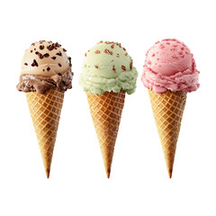 Three ice cream cones with different flavors, isolated on a transparent background