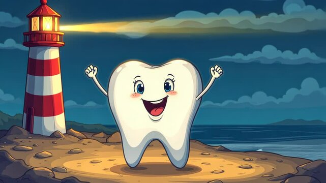  Tooth character standing by a lighthouse with a friendly wave on a beach at night