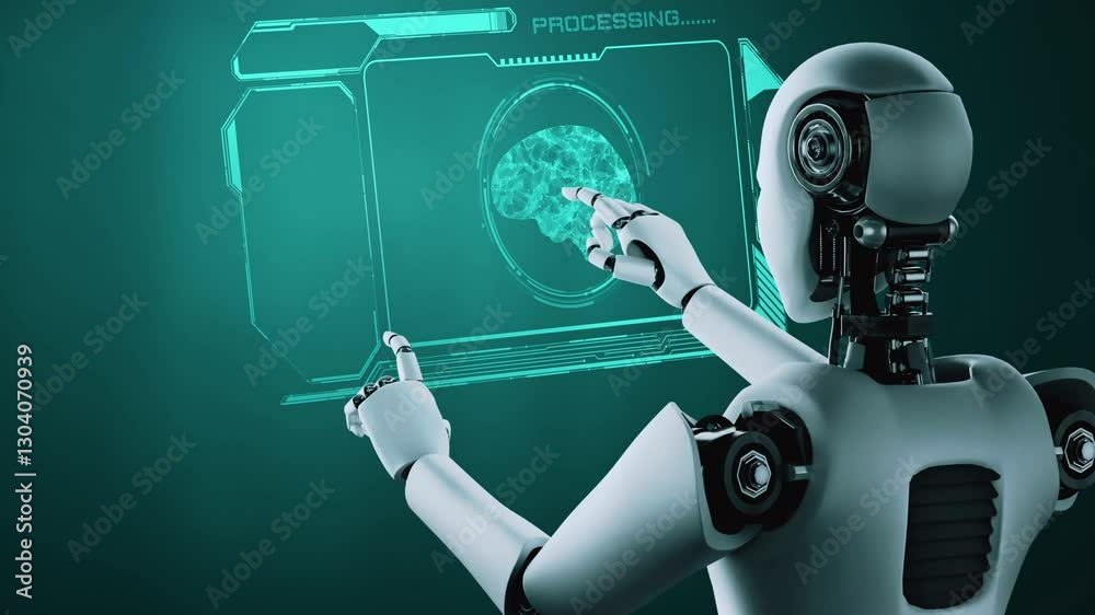 Poster ai hominoid robot touching virtual hologram screen showing concept of ai brain and artificial intell
