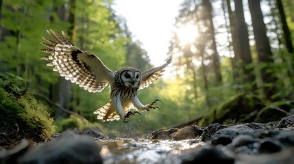 Fototapeta premium Majestic Eagle Owl Swooping with Talons Ready for a Nocturnal Hunt Through the Lush Forest Undergrowth