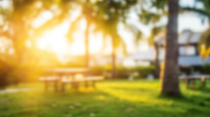 blur green tree abstract in garden or park summer with orange sun light background. AI Generated Images