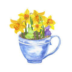 yellow flowers, daffodils and cute rabbits on sticks in a glass mug, Easter decor, watercolor illustration for textiles, stickers, packaging