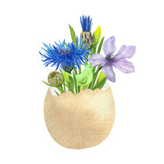 flower arrangement in a broken egg for Easter with blue cornflowers, lilac and yellow flowers and a cute bird, watercolor illustration for napkins, textiles, tableware, postcards