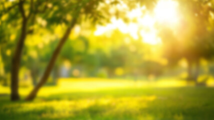 blur green tree abstract in garden or park summer with orange sun light background. AI Generated Images