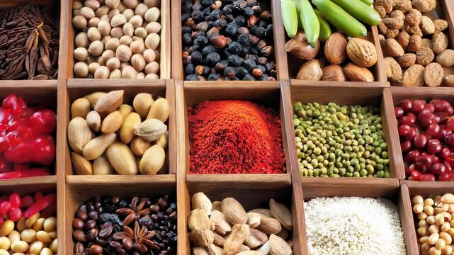 Colorful Spices in Wooden Boxes on Market Stall