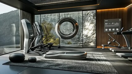 Modern gym interior featuring advanced fitness equipment and scenic outdoor view