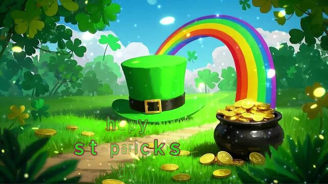 happy st patricks day text animated rainbow magical rainbow that leafs to the pot hat of gold coins on a green background 4k video st patrick day