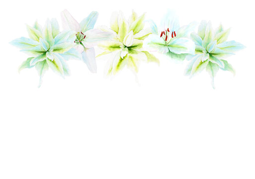 White lily flower garland watercolor illustration isolated on white. High quality clip art perfect for cards, posters, stickers, Easter, Passover, Holy Thursday, christening baptism wedding church