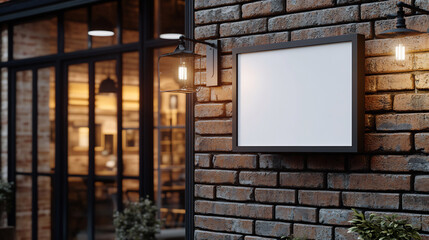 Blank illuminated storefront sign mockup mounted on a rustic brick wall with warm lighting. Ideal for branding, retail signage, cafes, restaurants, and business identity presentations