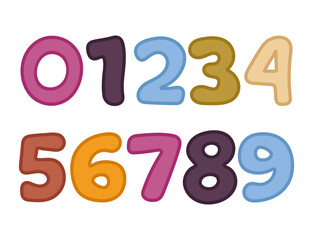 Numbers for teaching maths to kids. Colourful numbers from 0 to 9. For logos, badges, postcards, posters, prints, planner design. Cartoon numbers in doodle style.