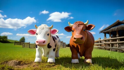 青空が広がる牧場にいる牛のミニチュア