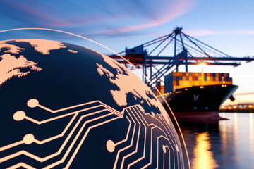 An overlay of digital nodes across continents, emphasizing an automated shipping network and a cargo ship in transit for international commerce