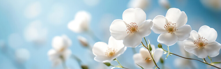 Obraz premium a banner featuring white wild roses against a blue sky background,