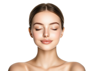 Tranquil beauty, a woman with closed eyes in peaceful contemplation against black background