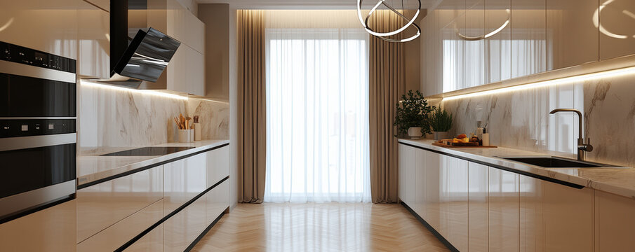 Stylish parallel kitchen with soft beige color palette, modern design, elegant lighting, and ample natural light. perfect blend of functionality and aesthetics