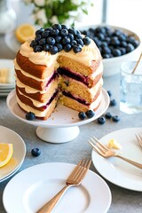 Lemon curd blueberry vanilla layer cake on a stand