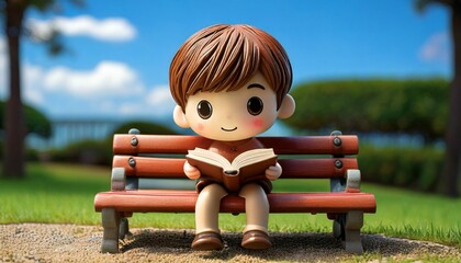 公園のベンチで本を読む男の子のミニチュア