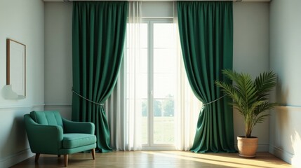Serene Interior Design Featuring Emerald Green Drapes, Sheer Curtains, and a Teal Armchair Accented by a Potted Palm Plant in a Sunlit Room