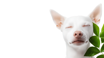 Adorable white dog enjoys the simple pleasure of a fresh green leaf in nature's embrace