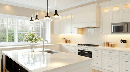 Fototapeta premium Elegant traditional white kitchen with modern cabinetry, large windows, and stylish pendant lights. space is bright and inviting, perfect for cooking and entertaining