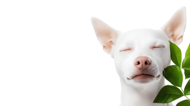 Adorable white dog enjoys the simple pleasure of a fresh green leaf in nature's embrace