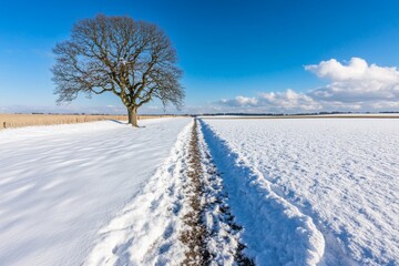 Fototapeta premium A contrast between two seasons: one side of the image covered in snow, the other in a summer heatwave