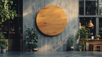 Fototapeta premium Wooden Circle Art on Modern Gray Wall Surrounded by Greenery