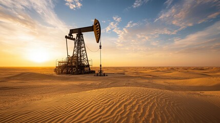 Oil Pump Jack in Desert at Sunset