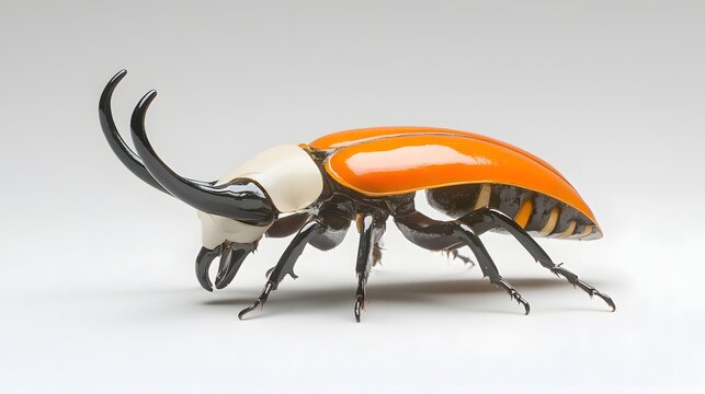 Surreal and conceptual digital depicting a hybrid beetle creature with a mushroom like body and carrot shaped mandibles or horns