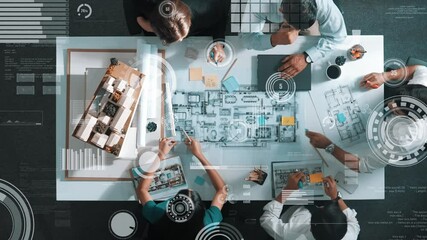 Top view of professional civil architect engineer team write sticky notes and sticking note at house model while interior designer talking and discussing about financial statistic chart. Alimentation. - Powered by Adobe