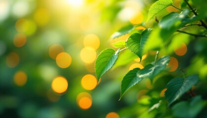 Obraz premium Fresh green leaves with blurred golden bokeh background. Natural springtime scene. Ecological concept for environmental protection. Organic botanical wallpaper