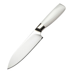 A sleek, stainless steel kitchen knife with a white handle, ideal for precision slicing and culinary tasks.