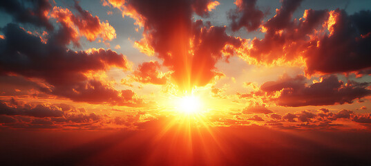 Naklejka premium a beautiful sunset sky with rays of light shining through the clouds,