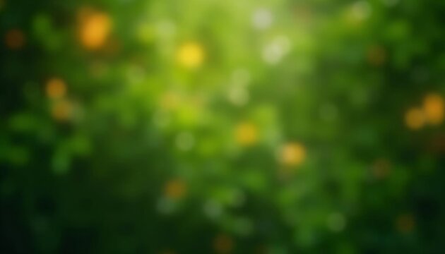 Blurred green background with yellow spots. Abstract nature bokeh effect. Defocused forest or garden scene. Soft focus organic backdrop for design or wallpaper - Powered by Adobe