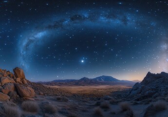 Obraz premium Breathtaking Night Sky Over Mountain Range with Vibrant Stars, Galaxies, and Dramatic Landscape Under Cosmic Arch in the Desert Wilderness