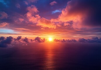 Fototapeta premium Breathtaking Sunset Over Calm Ocean Waters with Colorful Clouds Reflected in Twilight Sky Viewed from Above