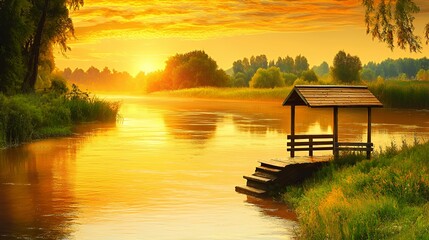 Fototapeta premium Golden Sunrise over Calm River with Wooden Gazebo