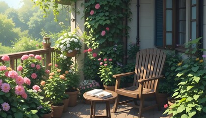 Fototapeta premium Balcony garden with wooden chairs and tables. Generative ai illustration