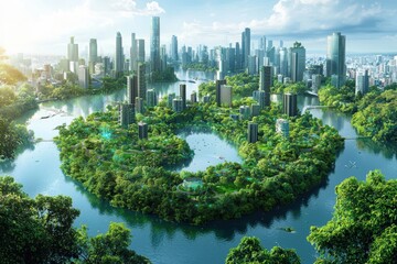Obraz premium A futuristic cityscape blends nature and architecture, featuring lush greenery surrounding modern skyscrapers and tranquil waterways.