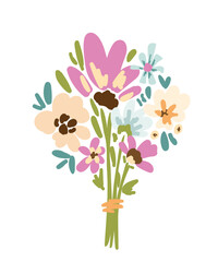 Delicate cute bouquet of flowers. Spring and summer holidays, Mother's Day, Women's Day. Vector color illustration.