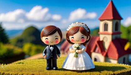 教会で結婚式を挙げる新郎新婦のミニチュア