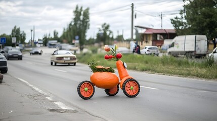 Whimsical and imaginative digital of a motorcycle crafted from a carrot frame with tomato wheels speeding through a lush countryside setting