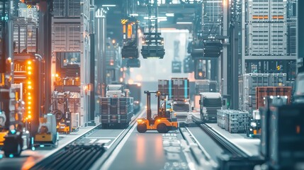 Obraz premium A futuristic warehouse scene featuring automated vehicles navigating through rows of stacked containers and illuminated pathways.