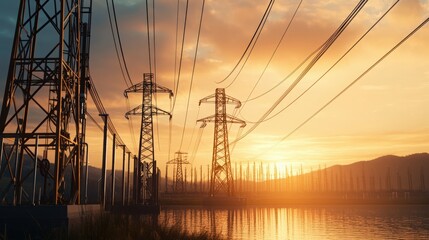 Electricity Pylons at Sunset