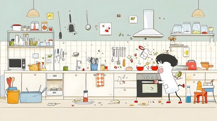 Whimsical cartoon of a clumsy and chaotic chef causing a mess in the kitchen ideal for use in lighthearted food blogs culinary websites or other fun food related content